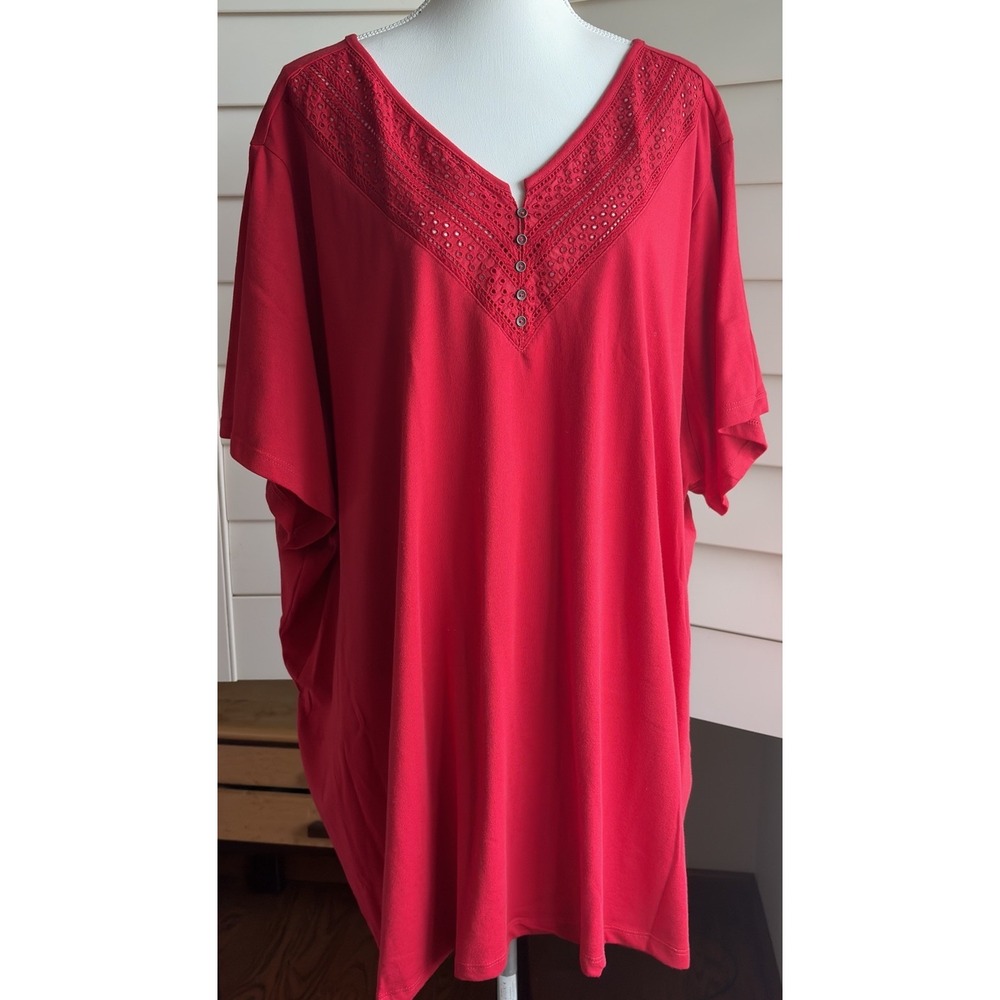 Woman Within 5X New Red Eyelet Embroidered V Neck Tunic Top Shirt Cotton Blend